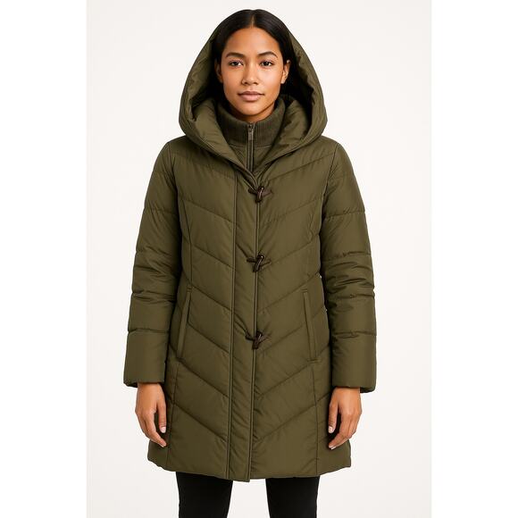 2010s Lauren Ralph Lauren Down Puffer Coat Shawl Collar Hood Olive Green Medium - Picture 1 of 14